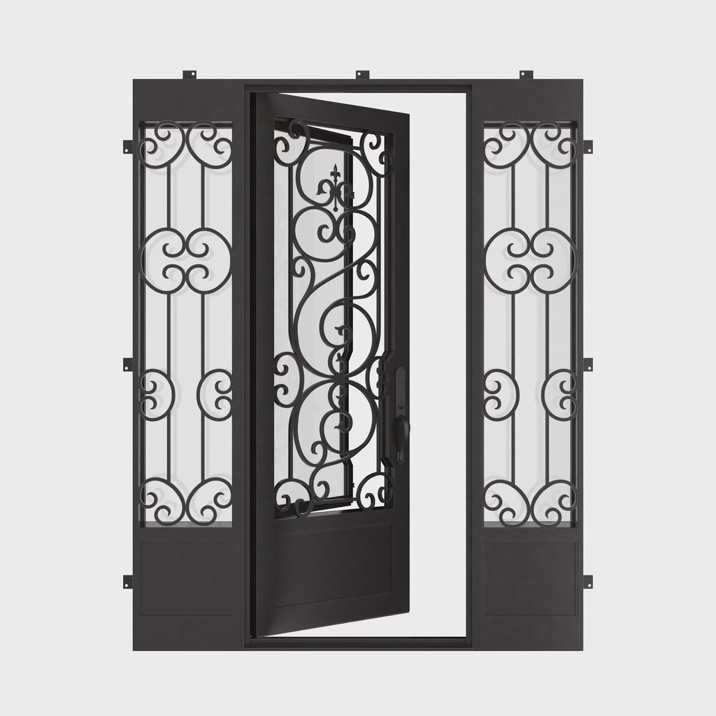 Beverly square top door in black thermally broken with side windows.