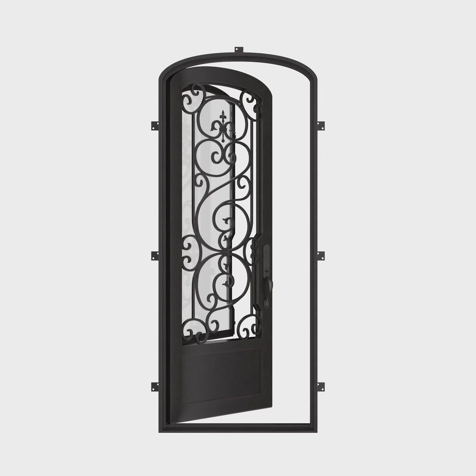 Beverly black exterior iron mini arch top single door with operable glass panel.