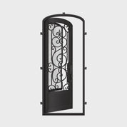 Beverly black exterior iron mini arch top single door with operable glass panel.