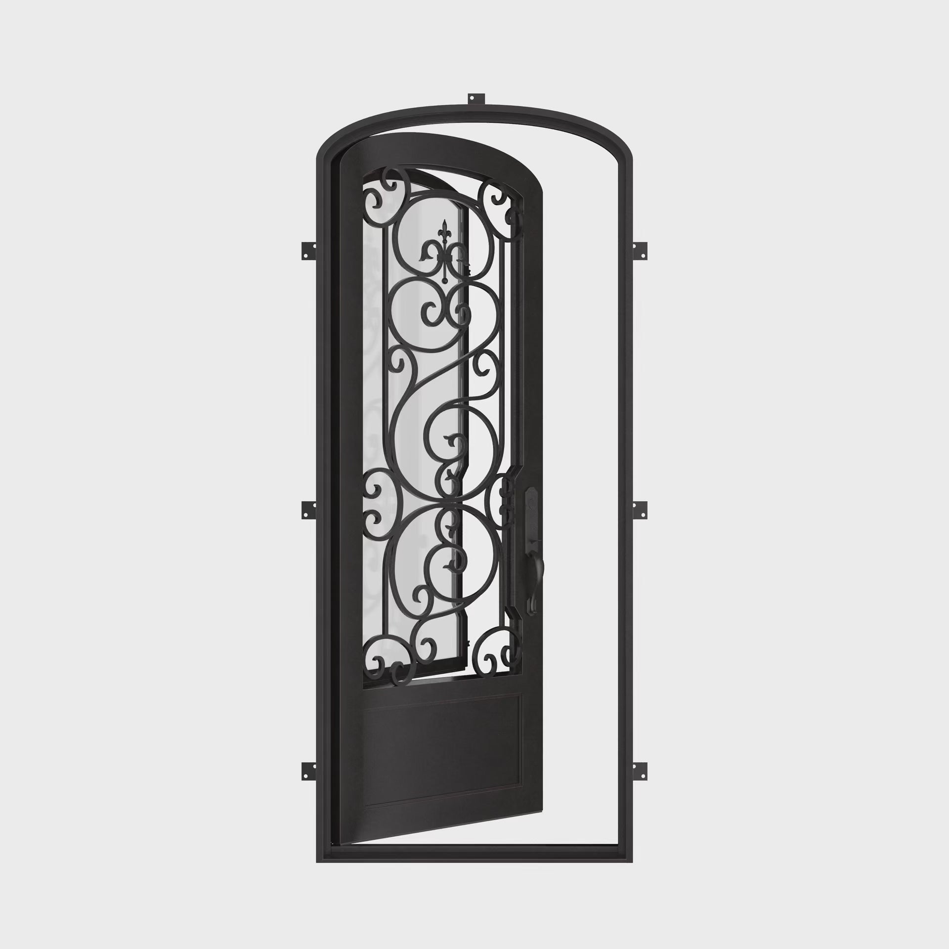 Beverly black exterior iron mini arch top single door with operable glass panel.