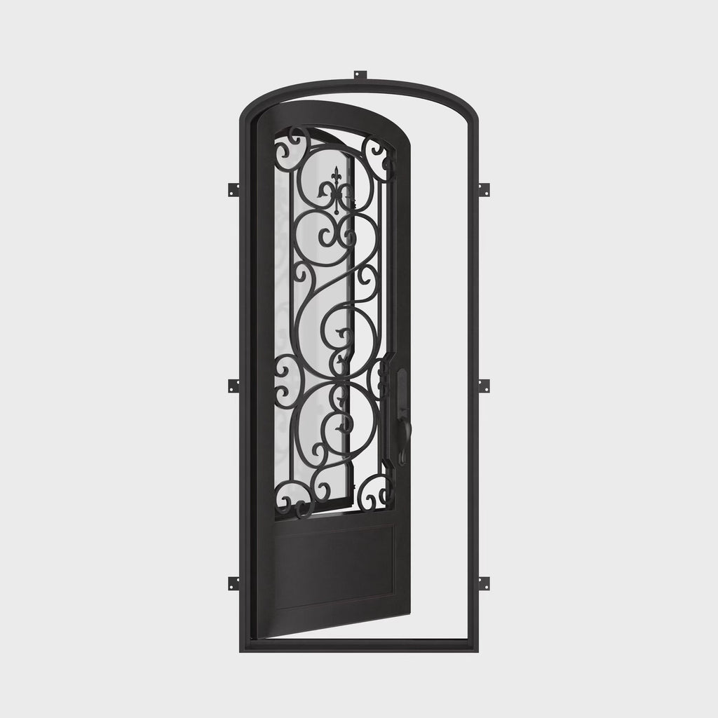 Beverly black exterior iron mini arch top single door with operable glass panel.