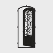 Story arch top metal door for cold climates in matte black finish.