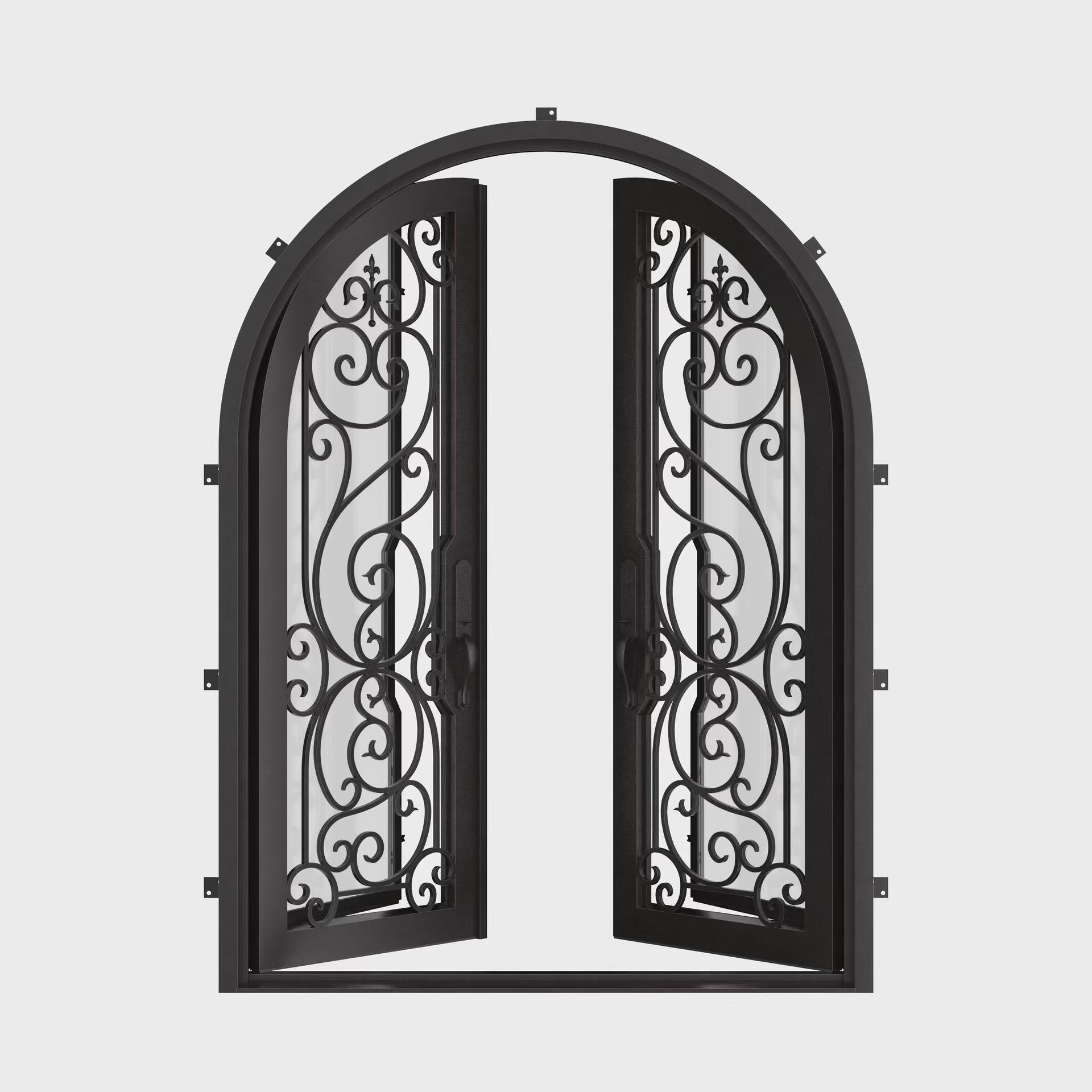 Hills double radius top double door with thick tempered glass and scrollwork.