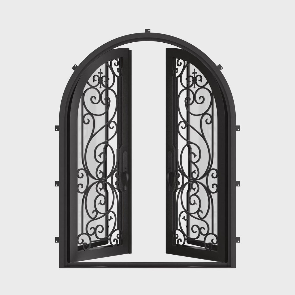Hills double radius top double door with thick tempered glass and scrollwork.