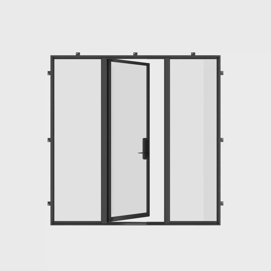Energy-efficient flat steel door with side glass panels and slim frame