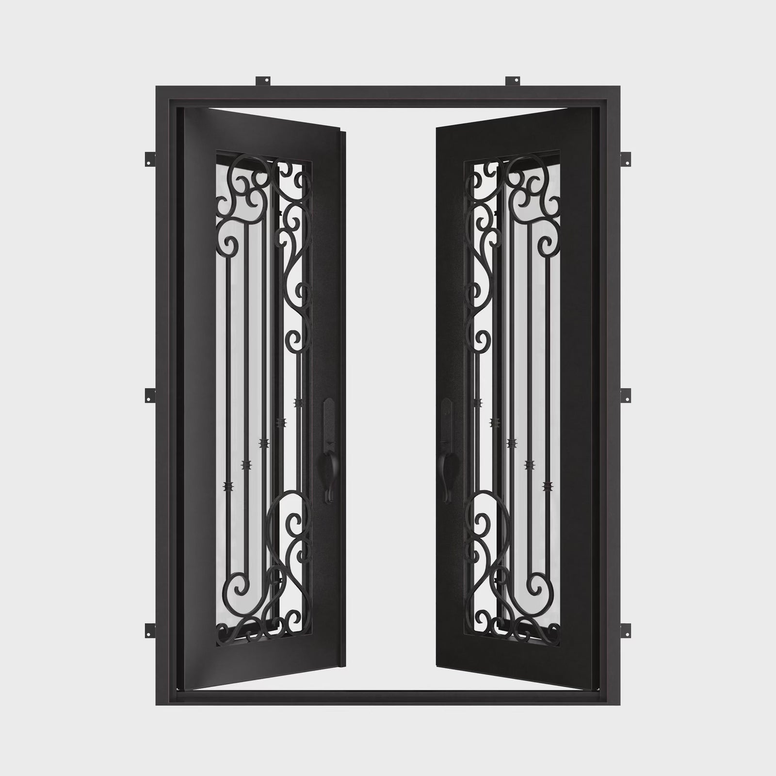 Paris bronze color metal double flat entry door with dual-pane tempered glass.