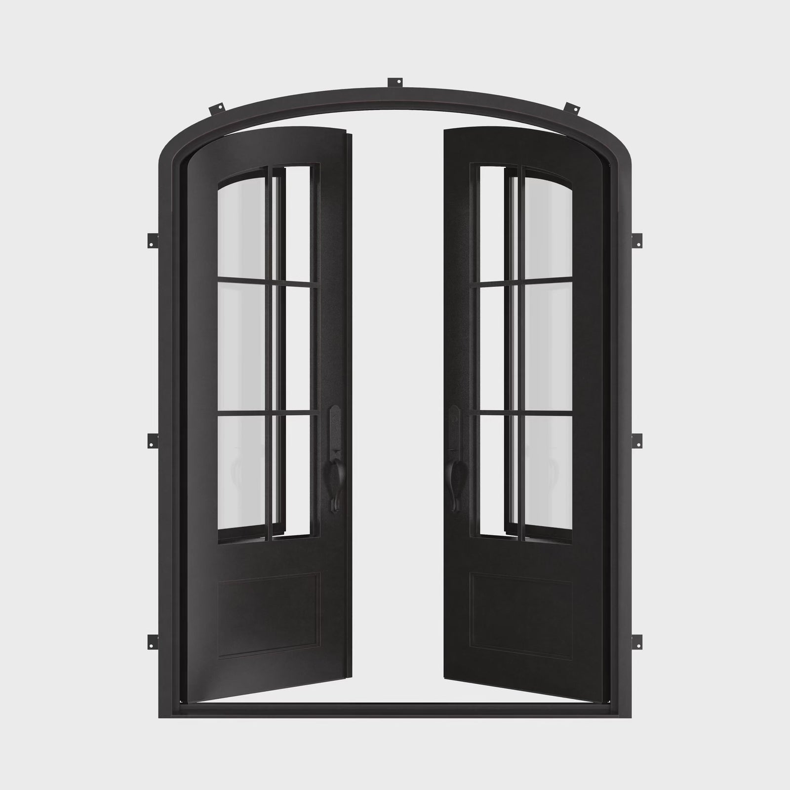 Bristol bronze finished double iron door with arched entry and clear glass.