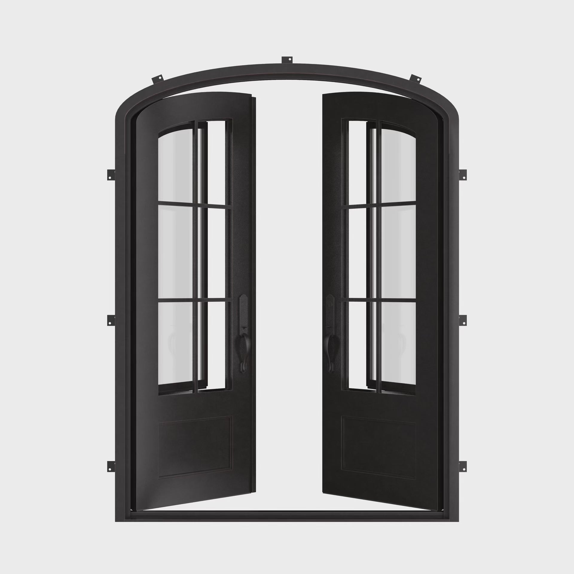 Bristol bronze finished double iron door with arched entry and clear glass.