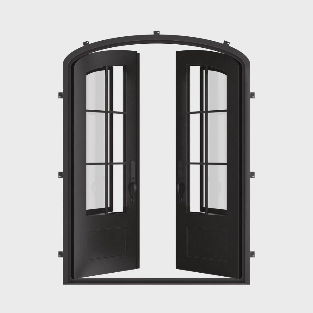Bristol bronze finished double iron door with arched entry and clear glass.