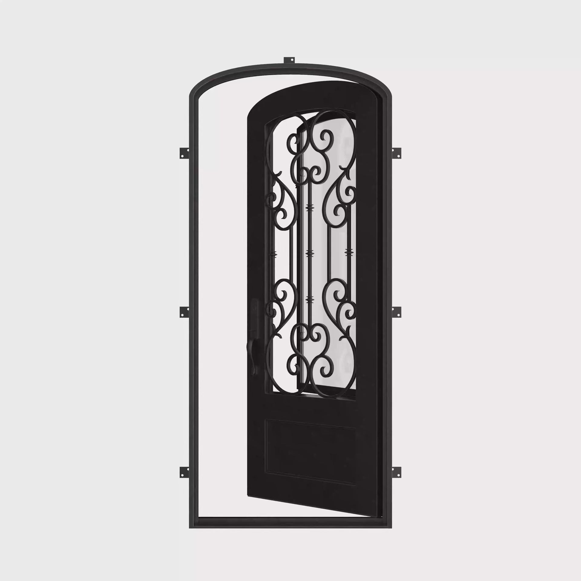 New York black exterior metal mini arch top single door with double-pane tempered glass.