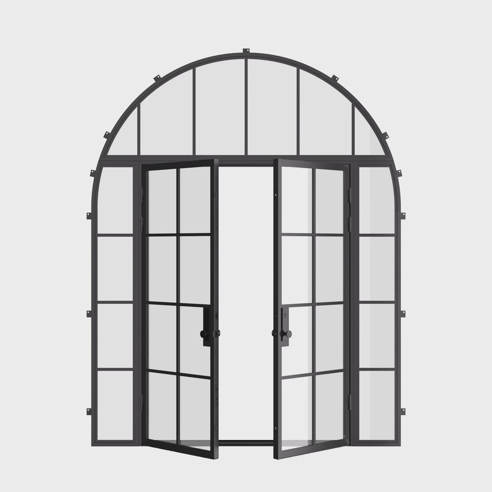 Air 5 double flat exterior steel door with side windows and full arch glass