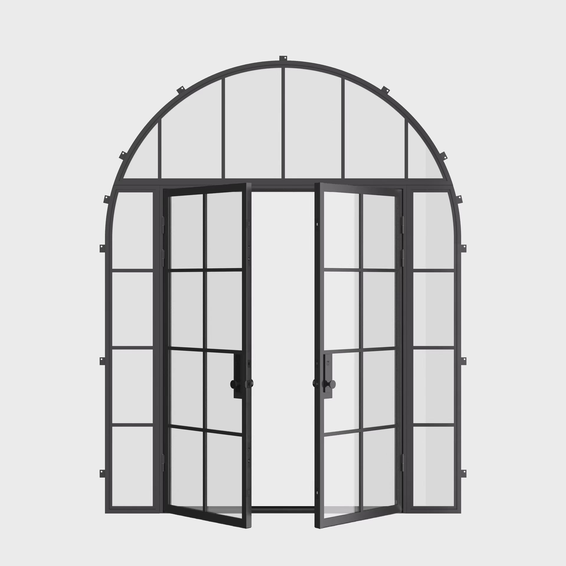 Air 5 double flat exterior steel door with side windows and full arch glass