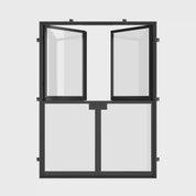 Modern double Dutch steel entry doors with glass panels.