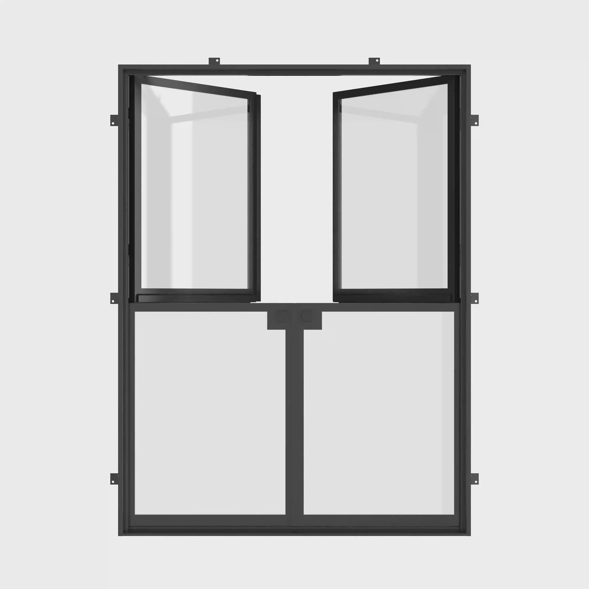 Modern double Dutch steel entry doors with glass panels.