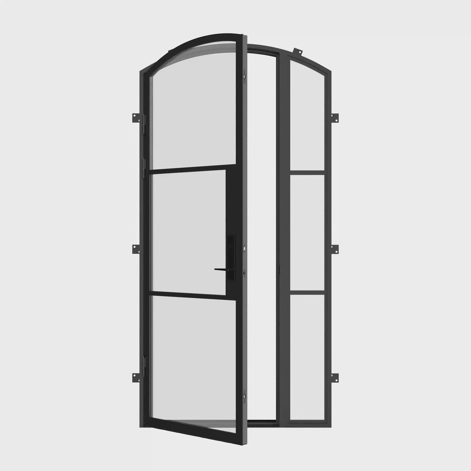 minimalist arched entry door with right glass panel and insulated build
