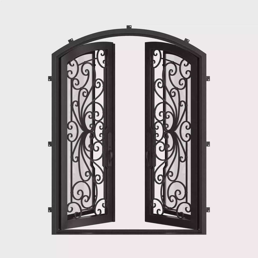 Miracle metal arched top entry door with thermal break and glass in bronze.