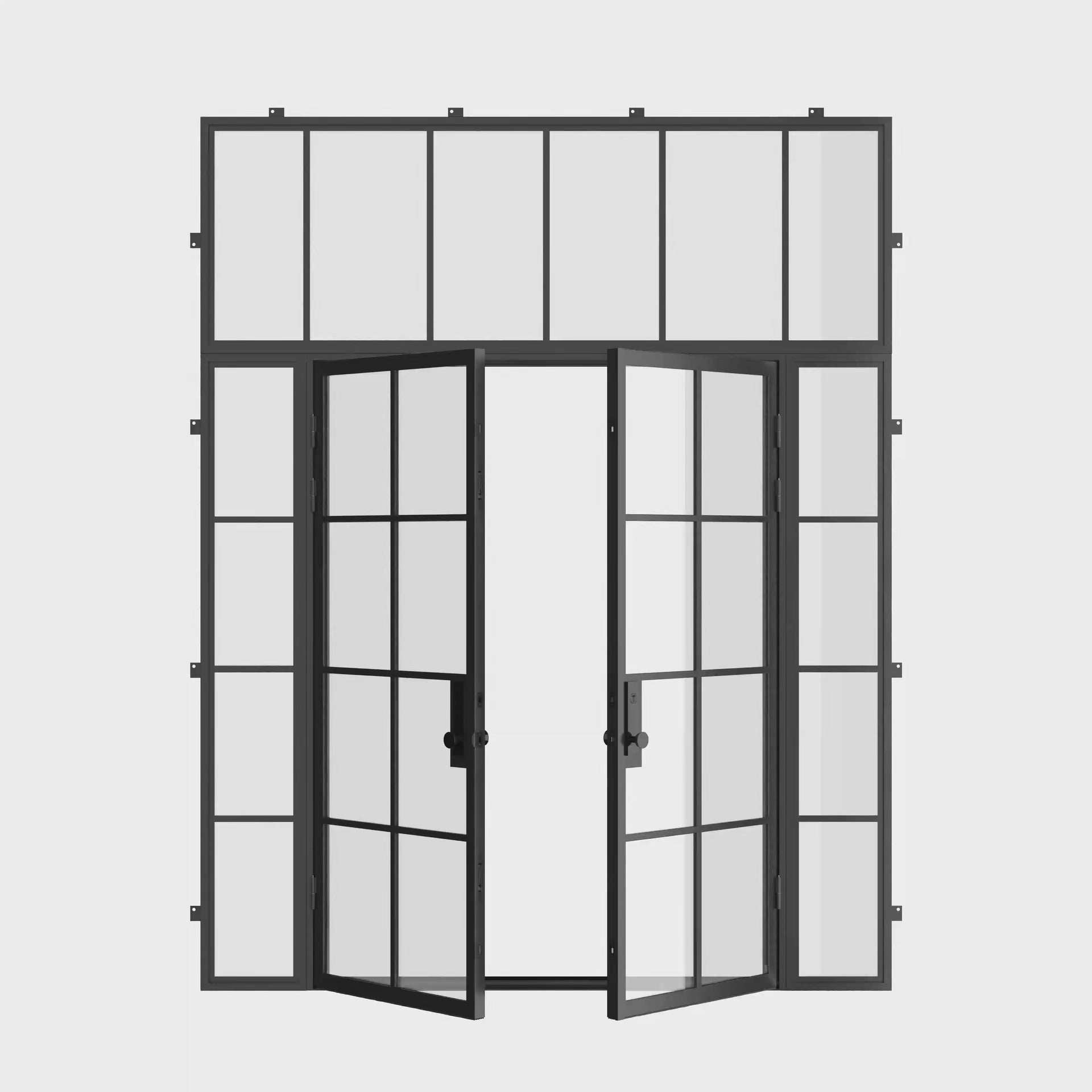 Air 5 double flat exterior steel door with side windows and flat transom glass