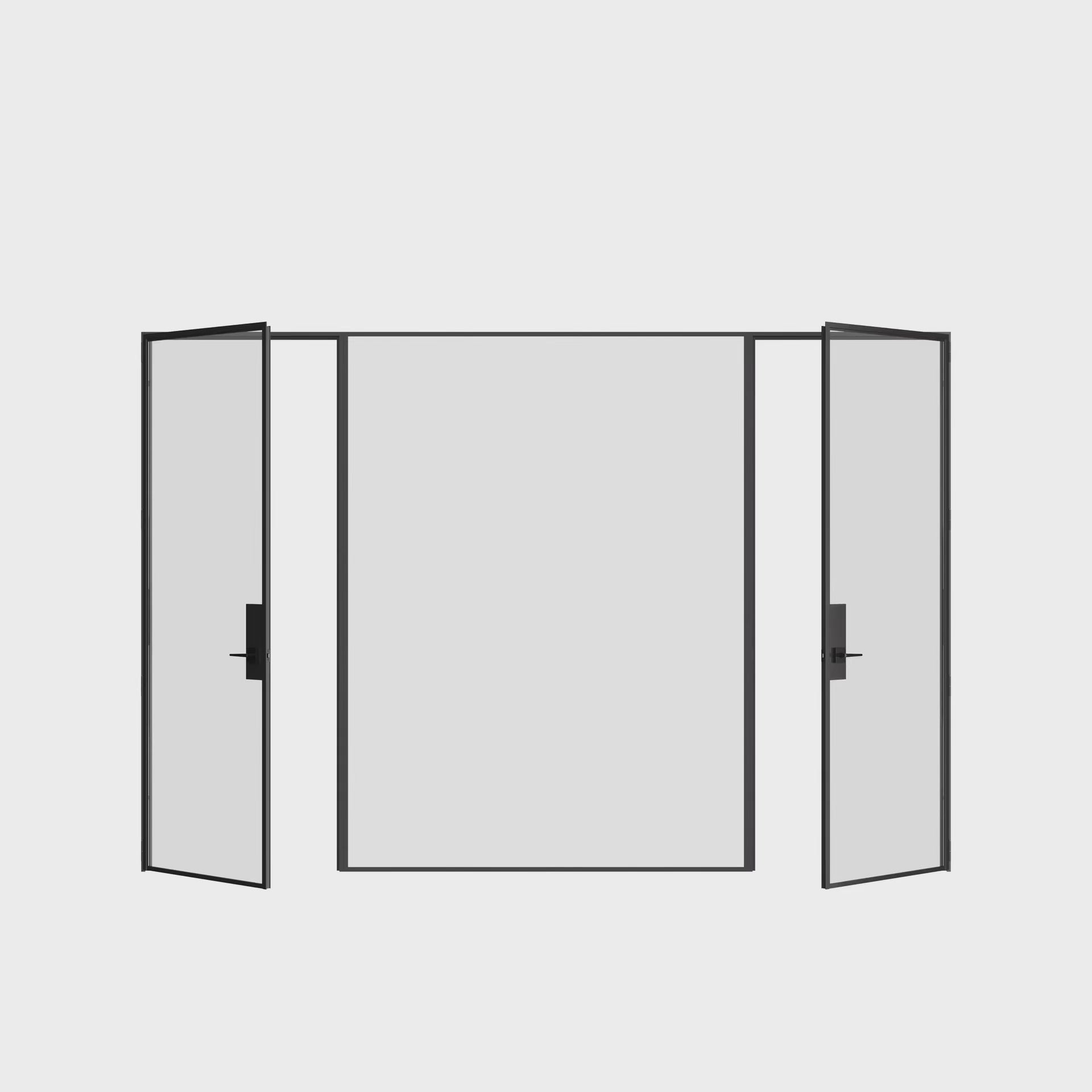 Prehung dual single flat glass steel door with fixed center panel and architectural narrow frame