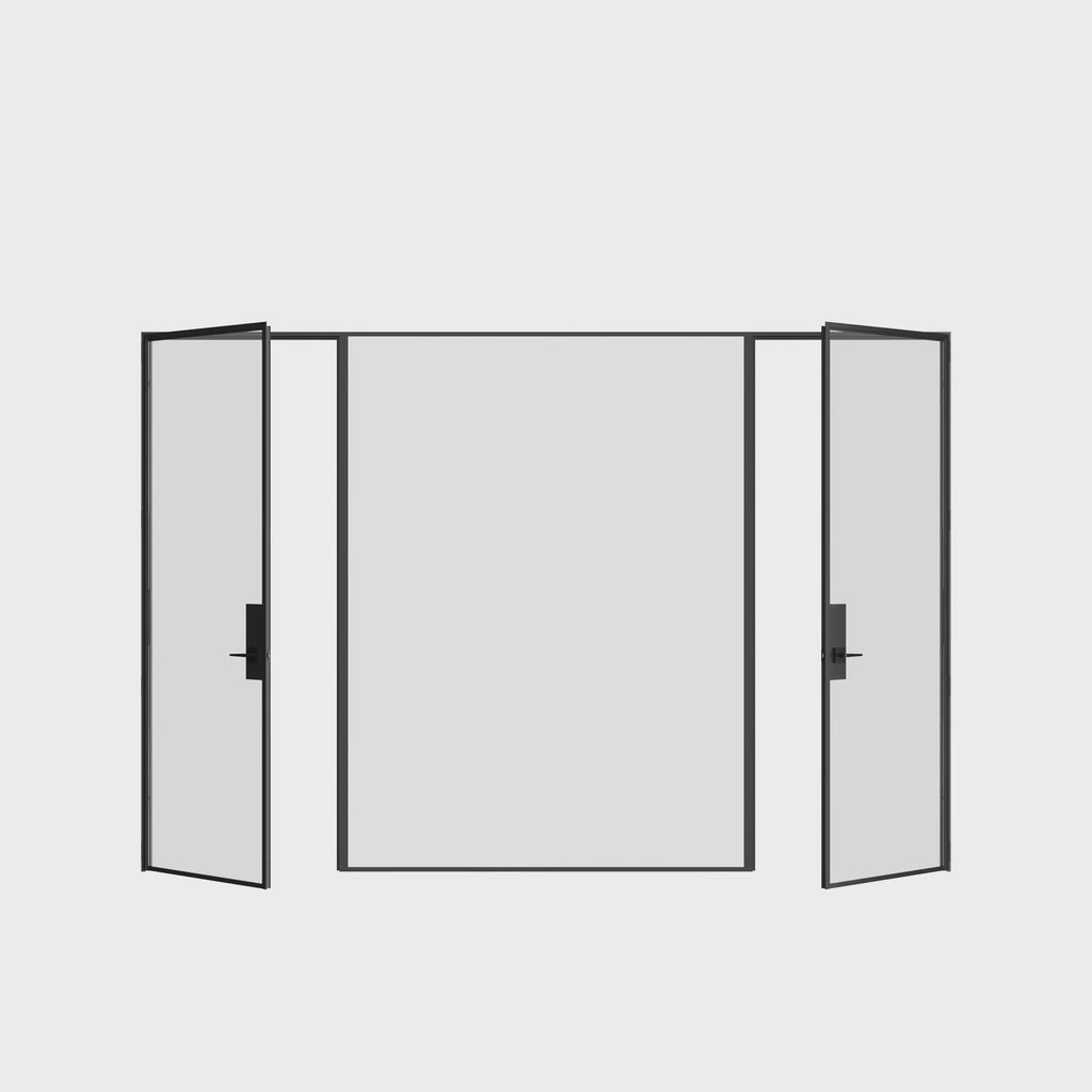 Prehung dual single flat glass steel door with fixed center panel and architectural narrow frame