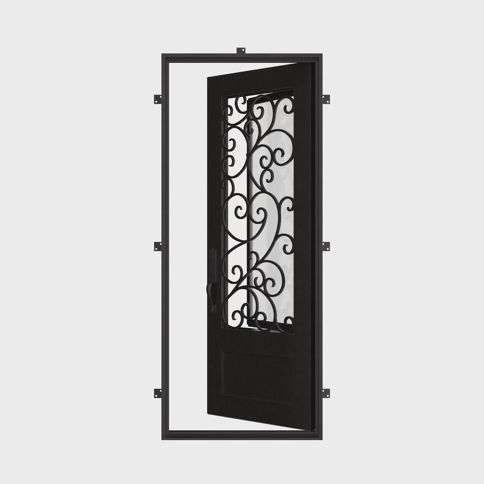 Story Single flat top door with operable glass panel and iron scrollwork.