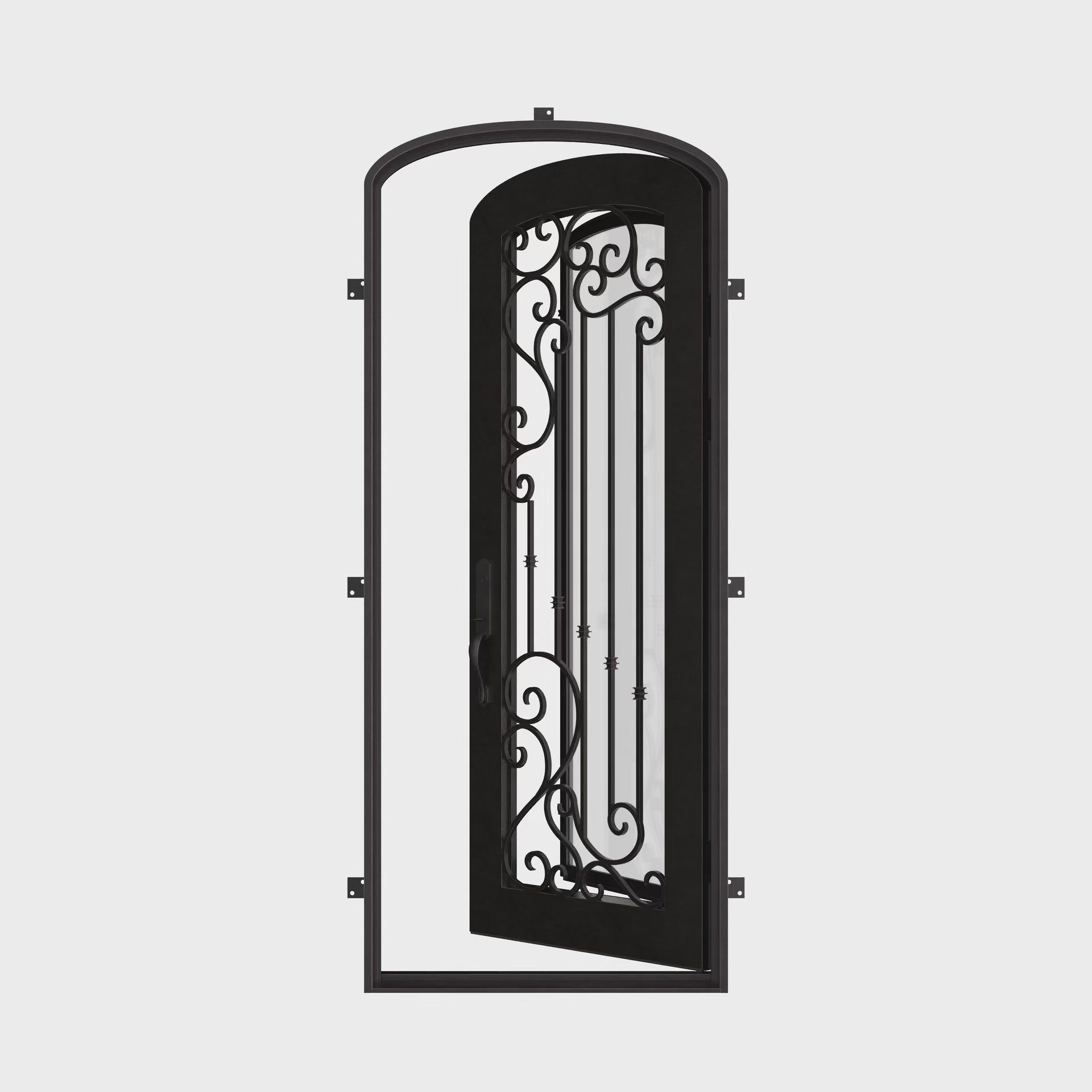 Paris pre-hung black metal mini arch top single door with decorative scrollwork and glass.