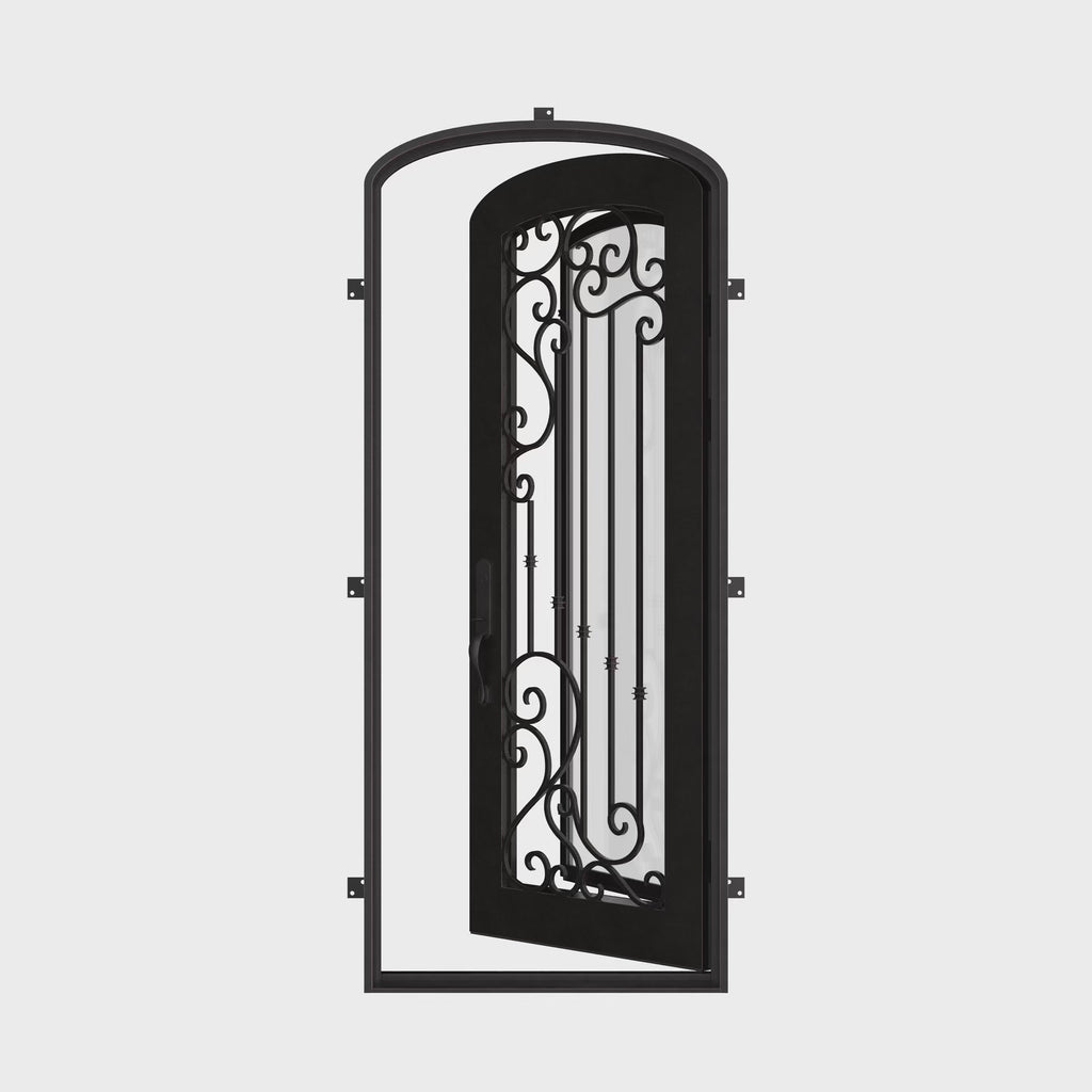 Paris pre-hung black metal mini arch top single door with decorative scrollwork and glass.
