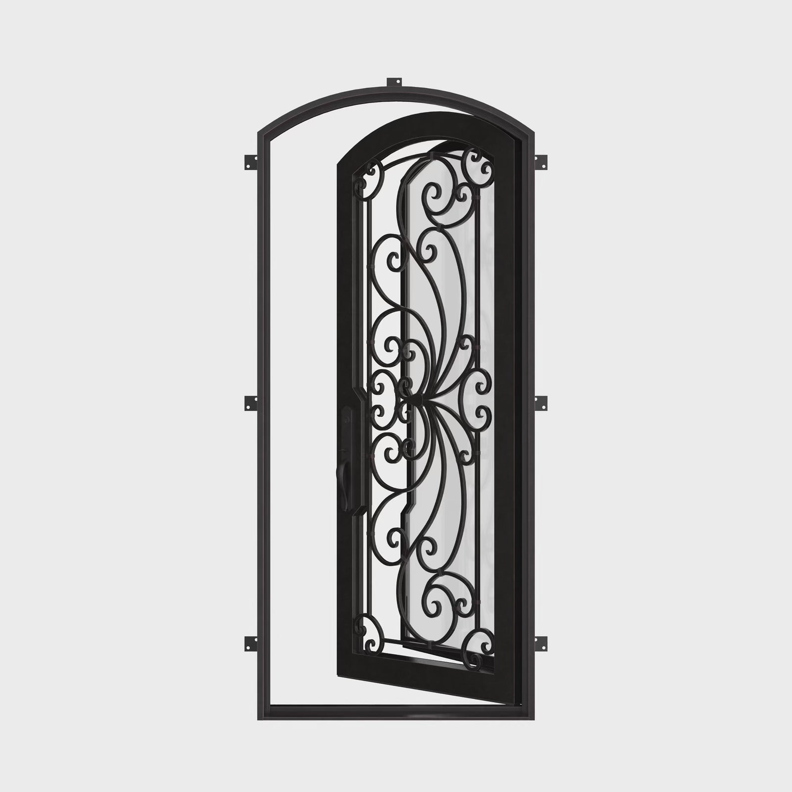 Miracle bronze color metal single eyebrow arch top front door with glass panel.