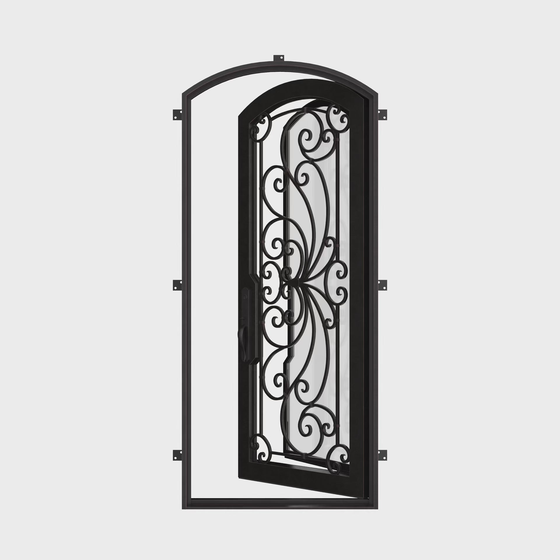Miracle bronze color metal single eyebrow arch top front door with glass panel.