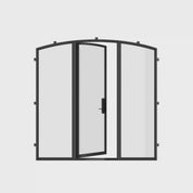 Cold-rolled arch steel entry with sidelights and efficiency data.