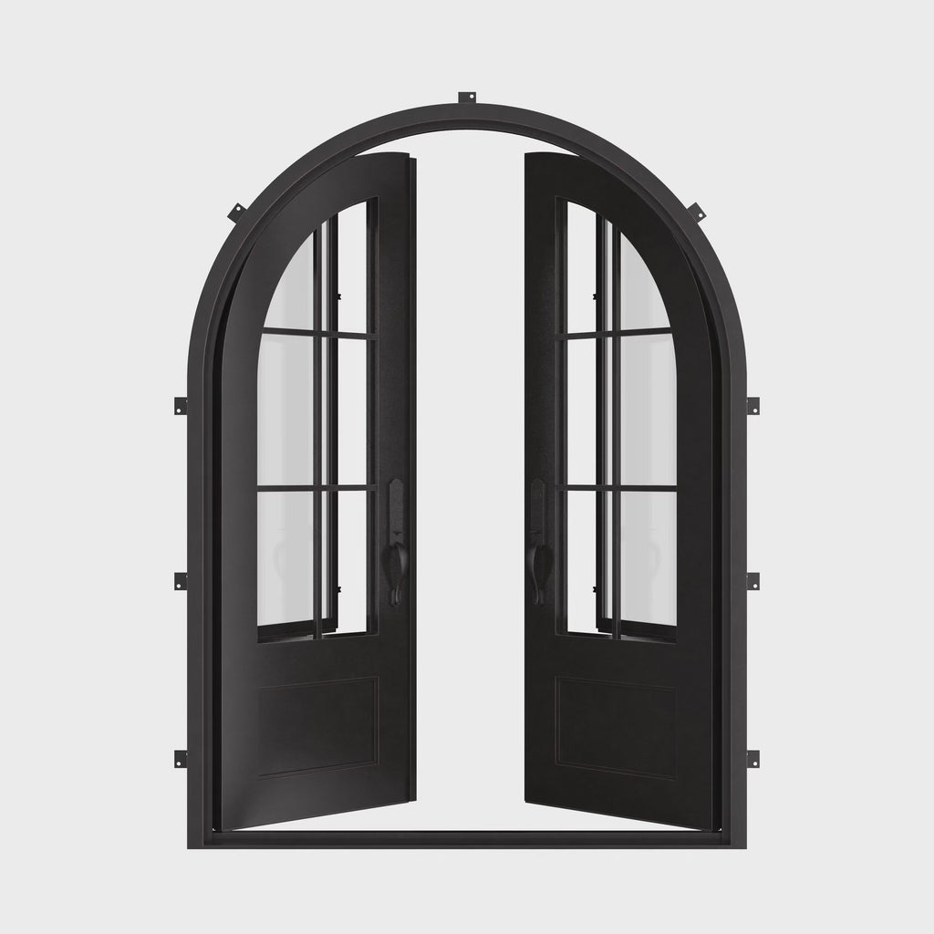 Bristol french round top swing door with thick dual-pane glass in bronze.