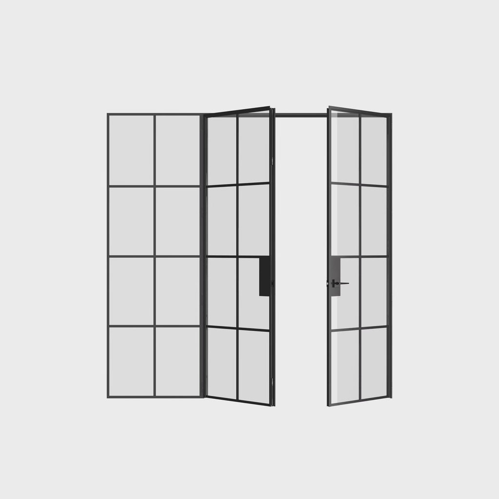 Air 5 double flat interior doors with left sidelight black steel grid and glass panes