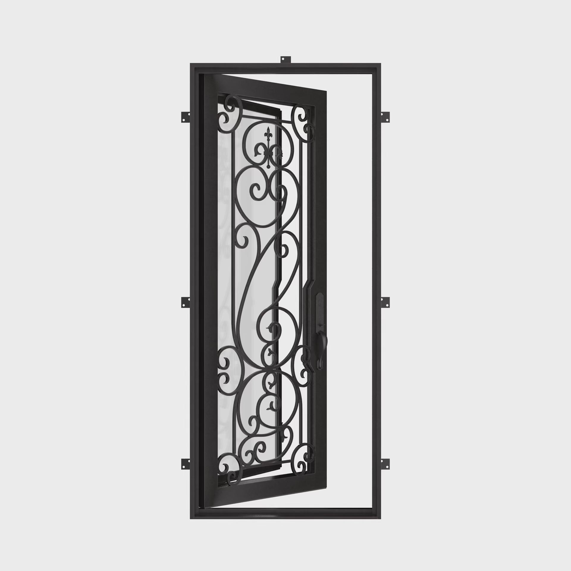 Hills Black metal flat top single front door with double-pane tempered glass.