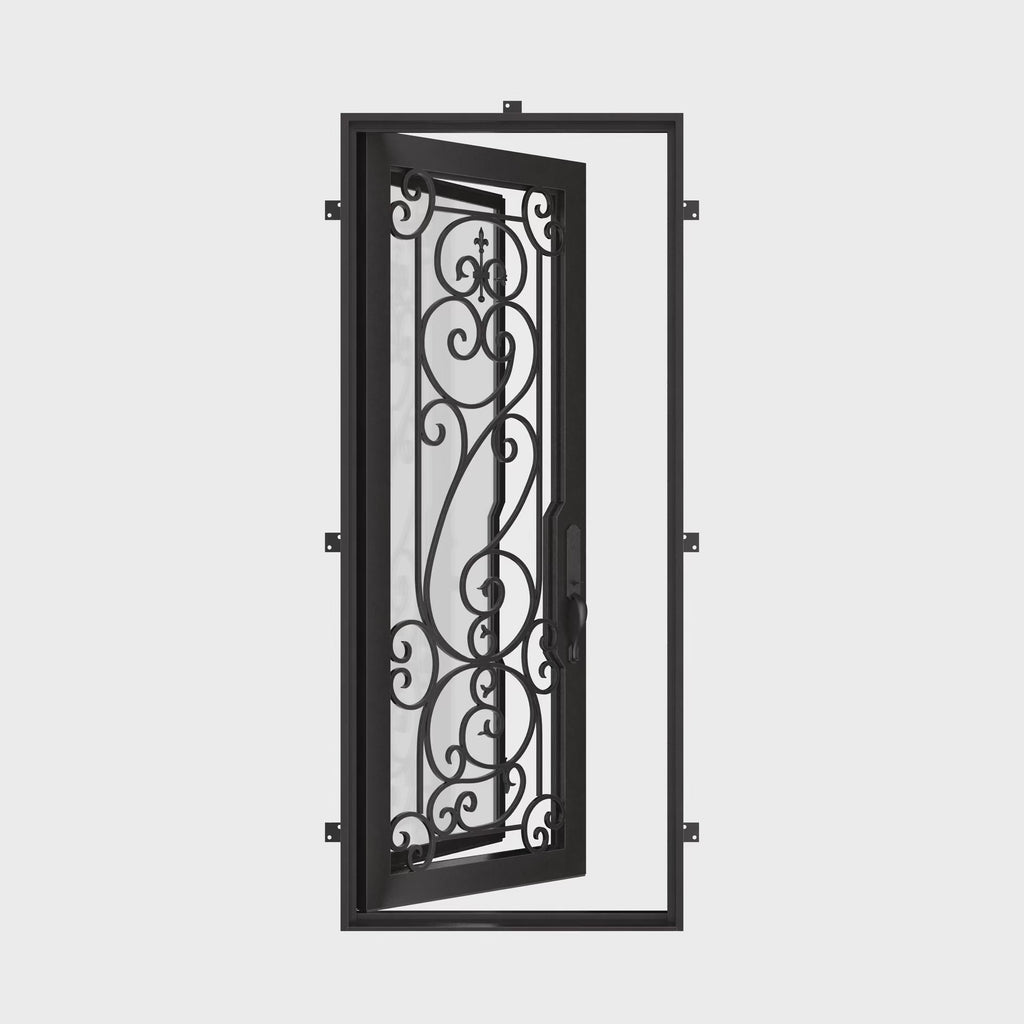 Hills Black metal flat top single front door with double-pane tempered glass.