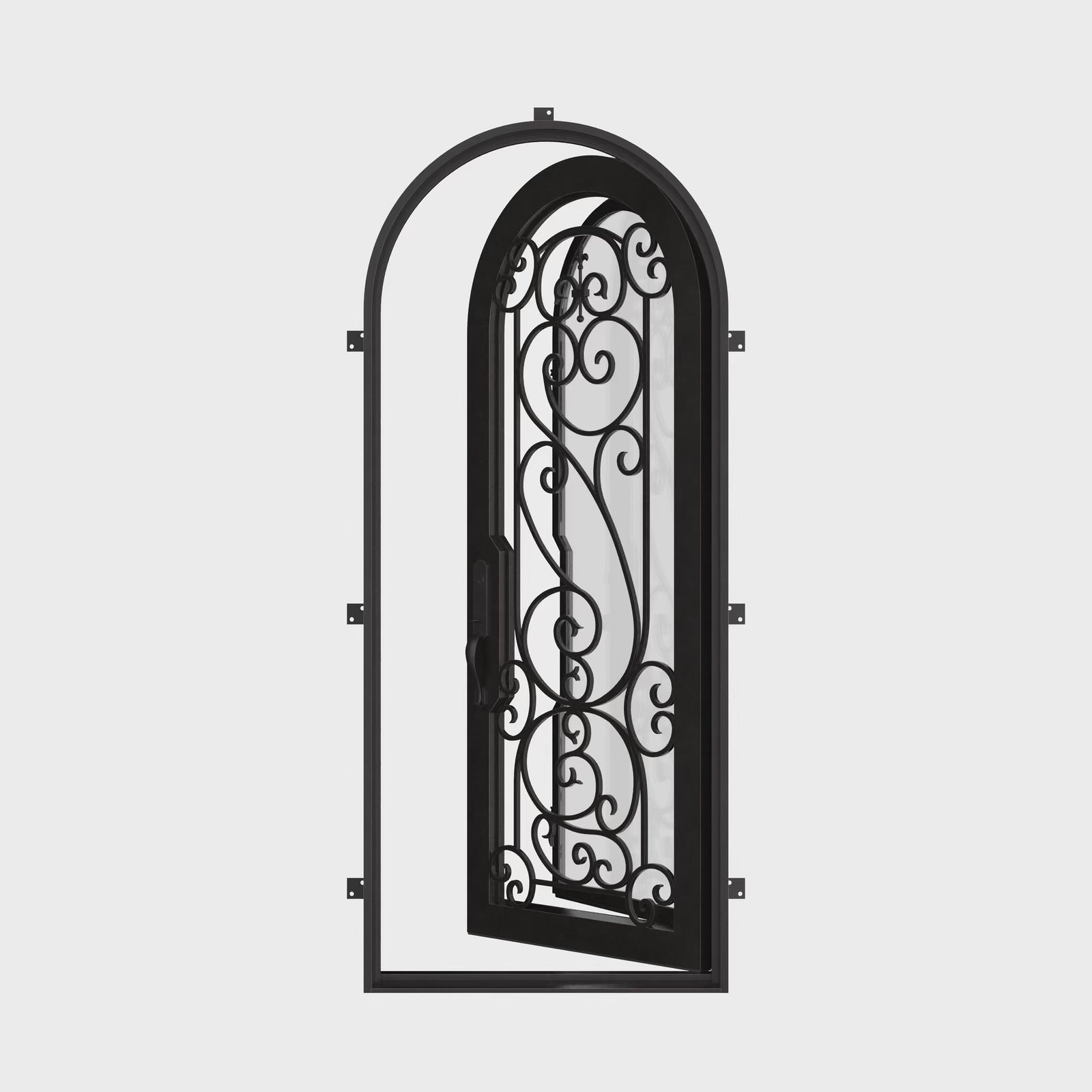 Hills single radius top entry door with decorative scrollwork and double glass.