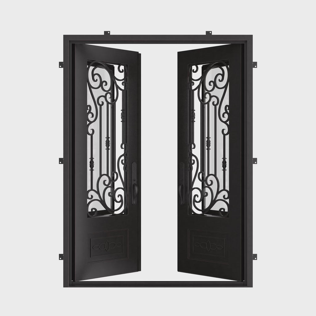 Golden Gate architectural black iron double flat front door.