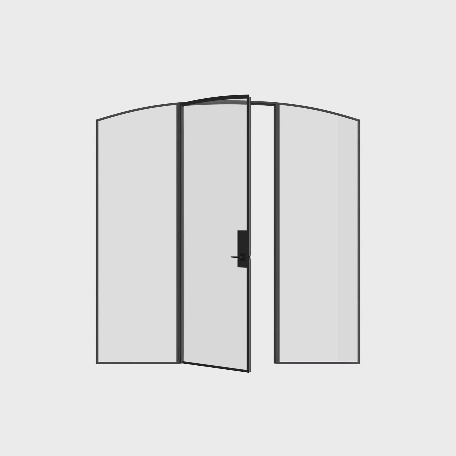 Pre-hung single arch steel door with sidelights and slim sightlines.