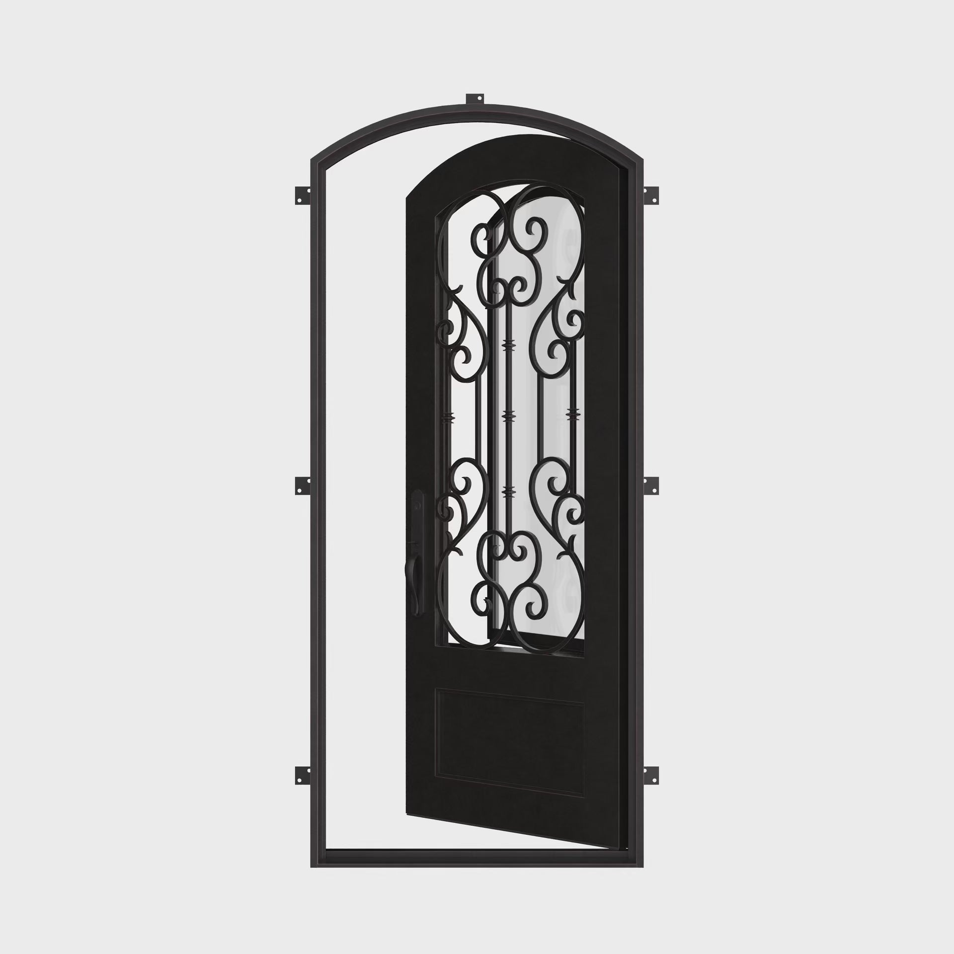 New York black finished iron swinging door with thermal break.