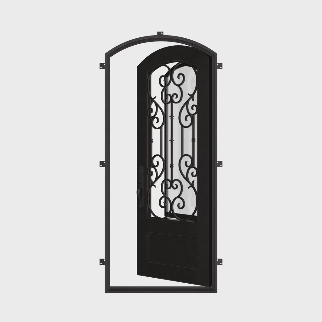 New York black metal single arch top door with double-pane glass in bronze color.