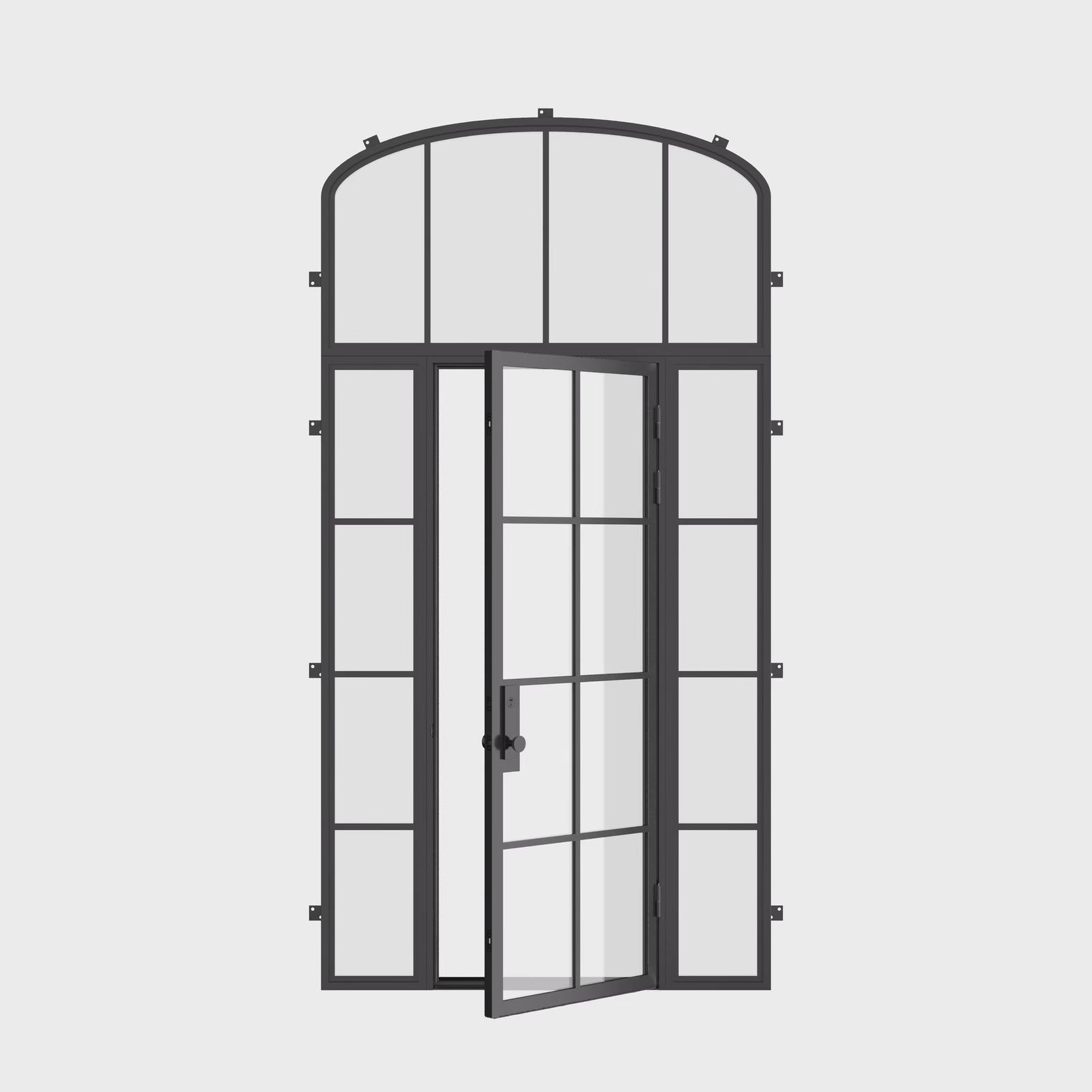 Air 5 single flat narrow profile steel entry with sidelights and mini arch glass