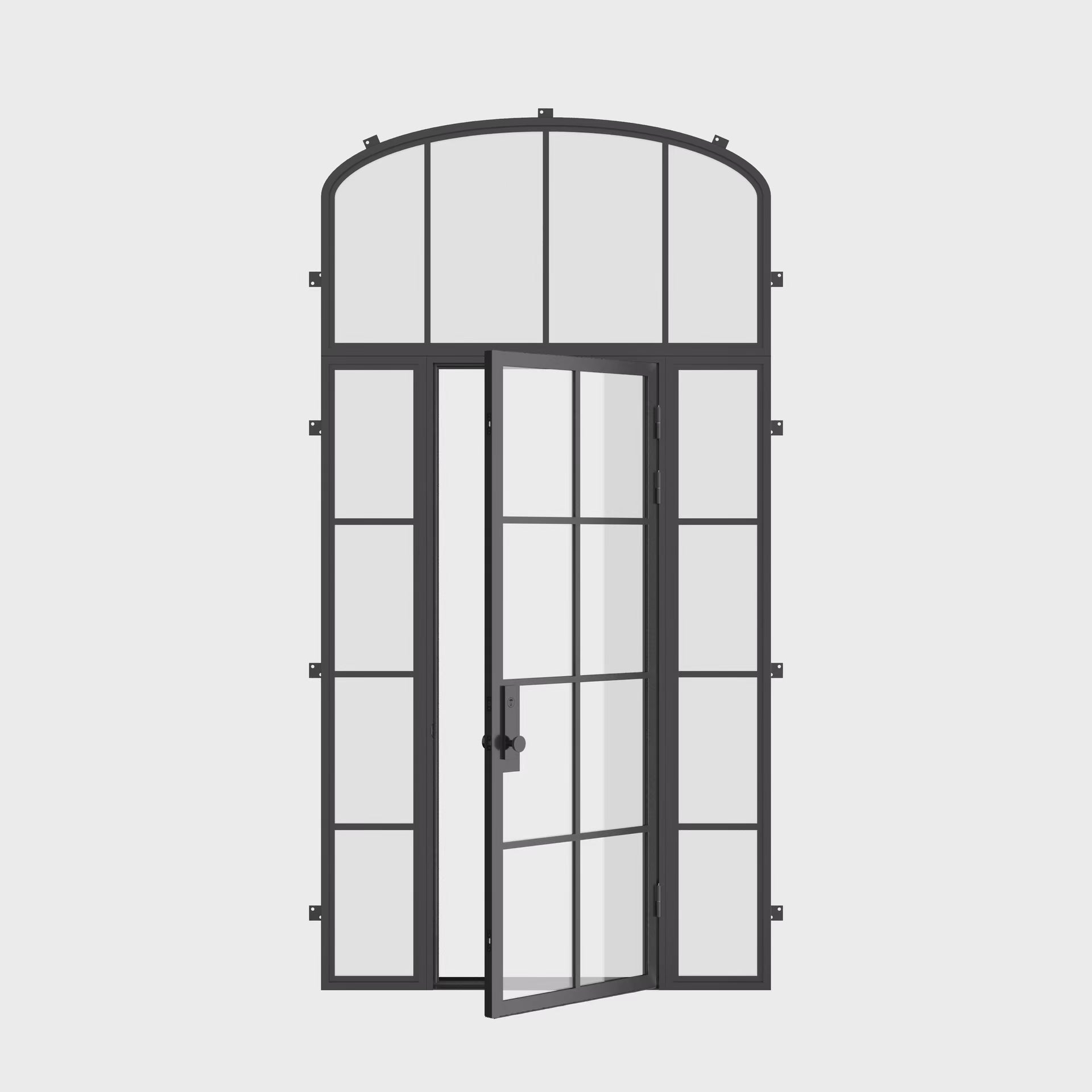 Air 5 single flat narrow profile steel entry with sidelights and mini arch glass