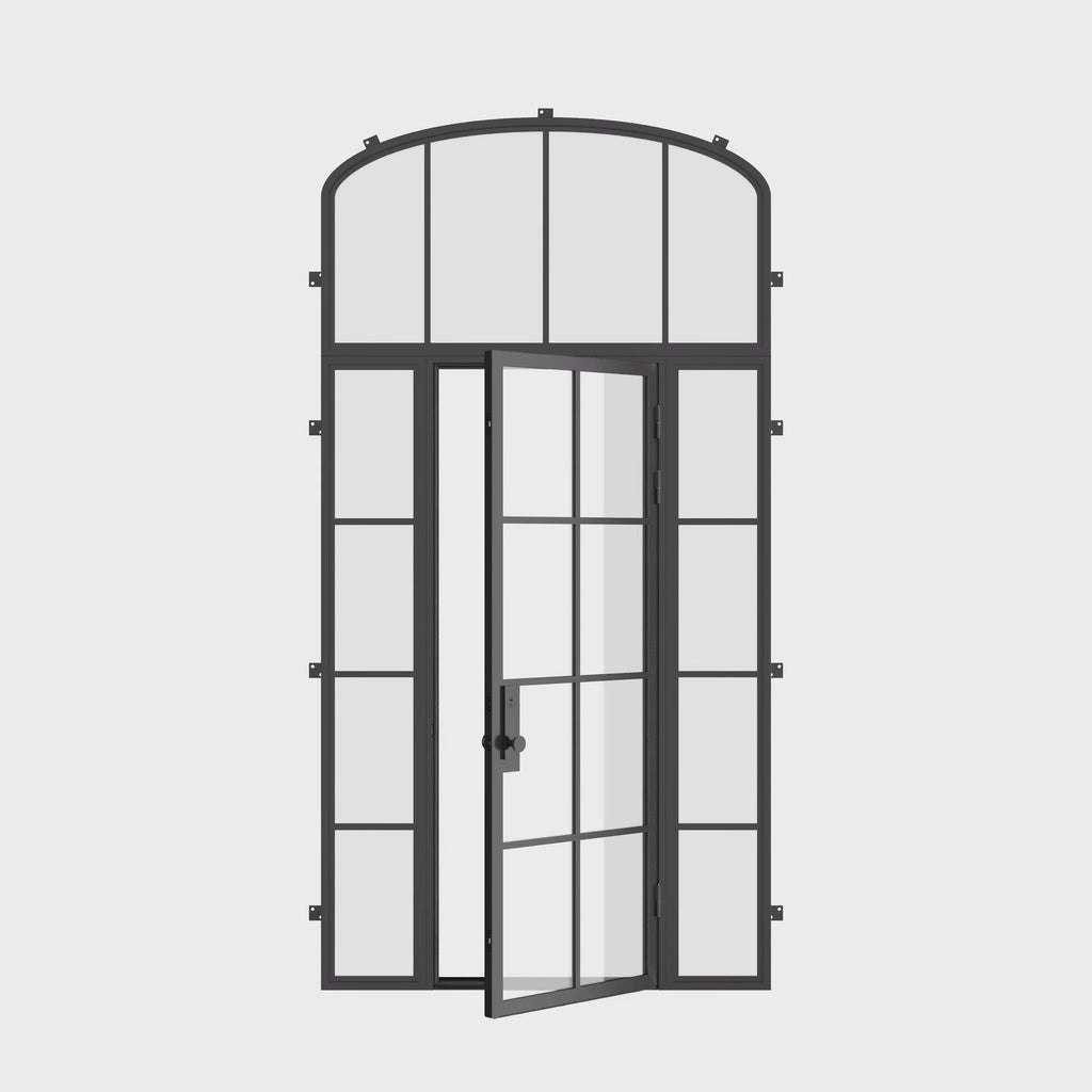 Air 5 single flat narrow profile steel entry with sidelights and mini arch glass