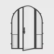 Architectural single full arch steel front door with sidelights, Air Grand galvanized steel system with ribbed glass panels