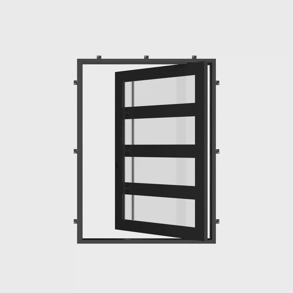 Knox straight top pivot door with modern ironwork in black color.