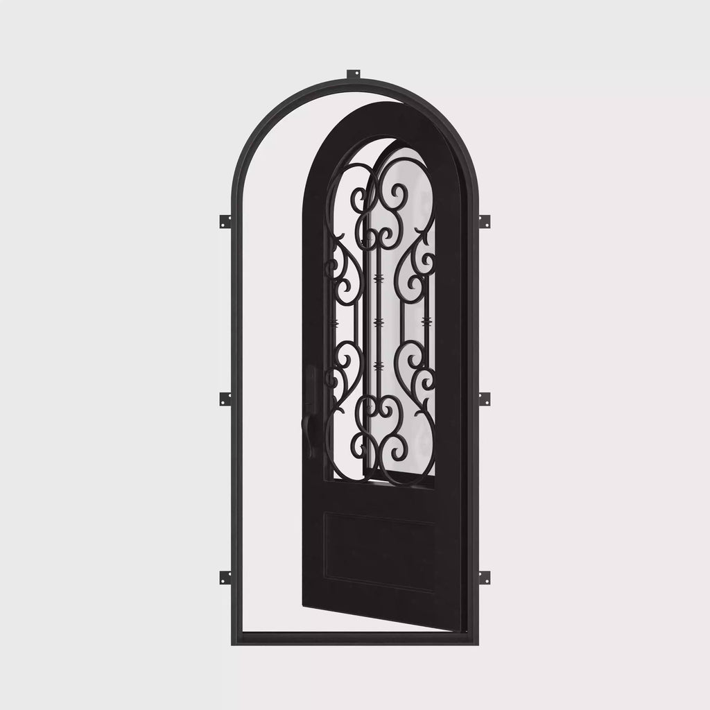 New York pre-hung bronze color iron single round top door with thick glass.