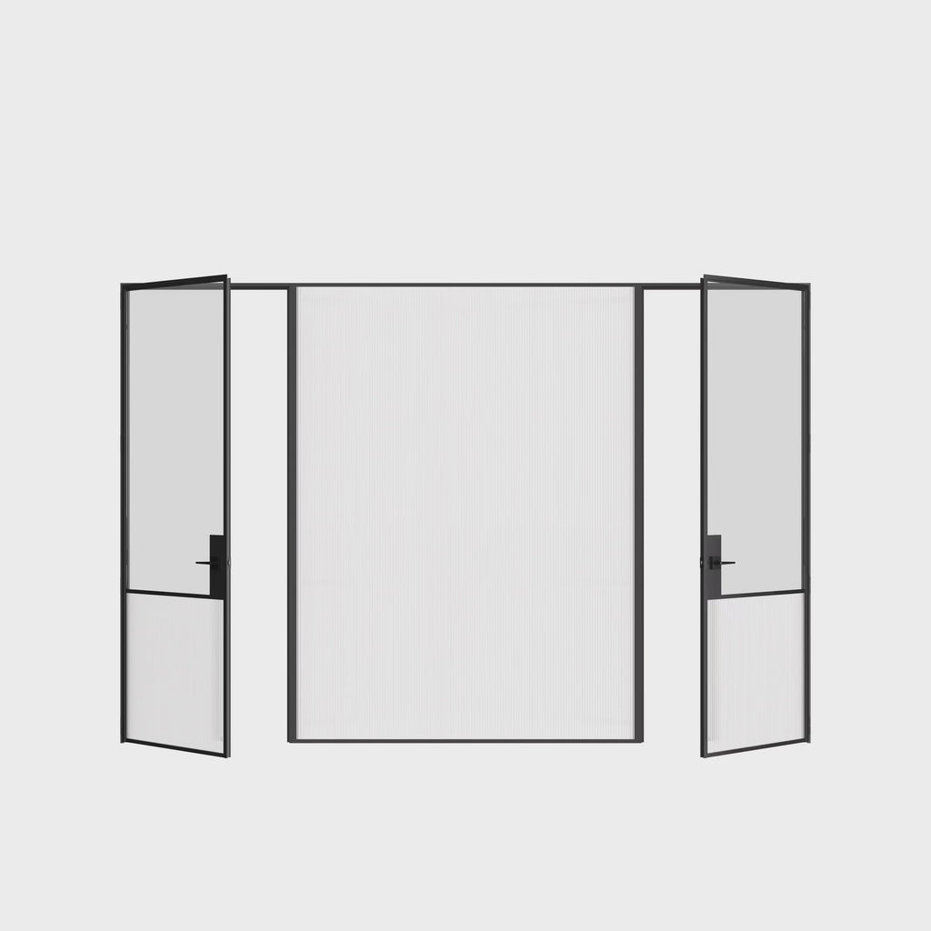 Minimalist interior steel double doors with fixed glass panel center, Air Grand OTTOSTUMM steel frame system