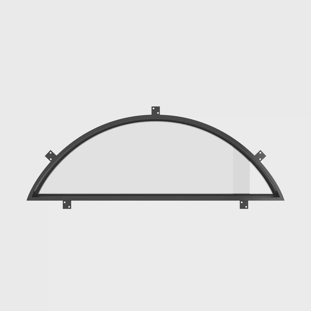 Air steel full arch transom window for contemporary exterior door systems