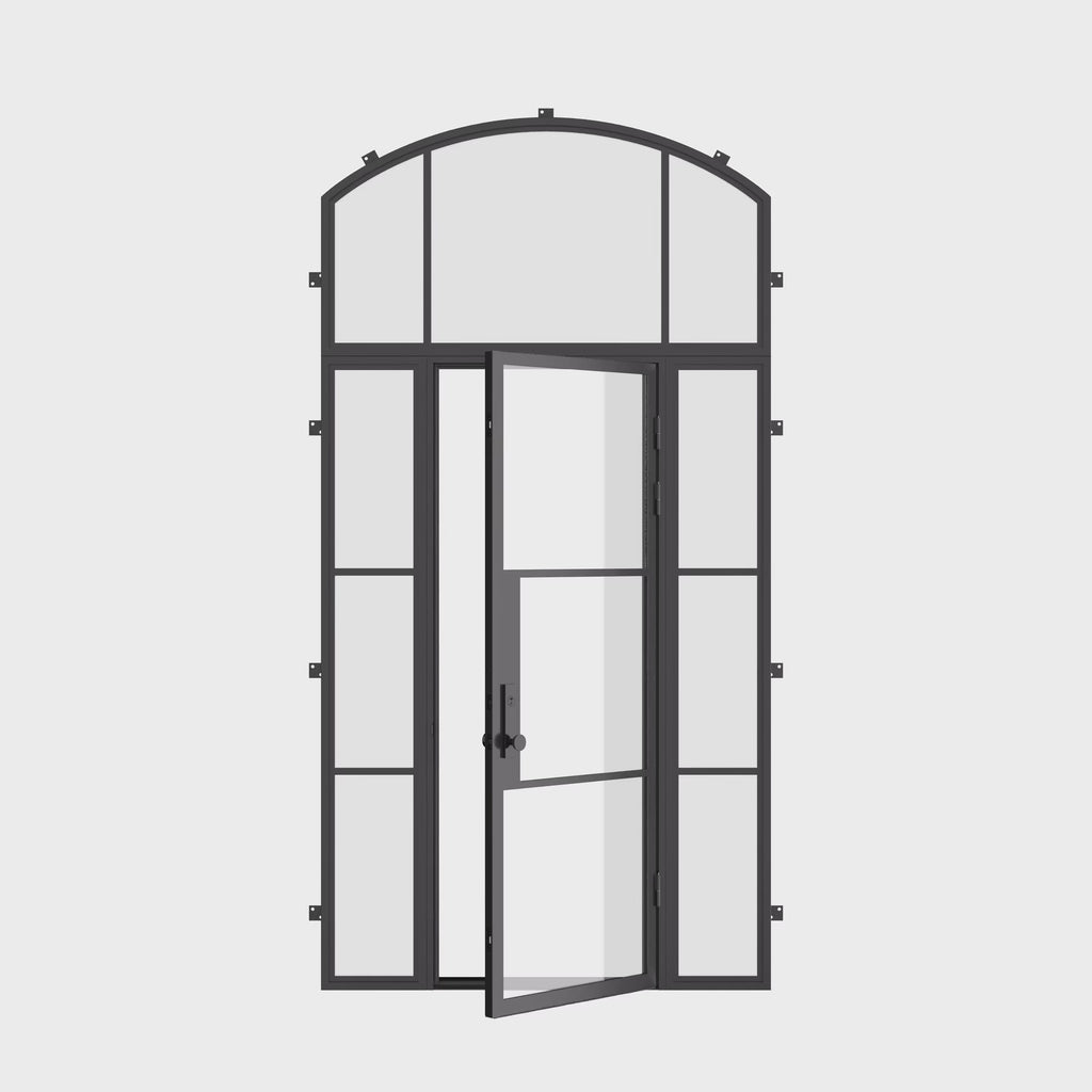 Single flat Air 4 door with side glass panels and curved transom