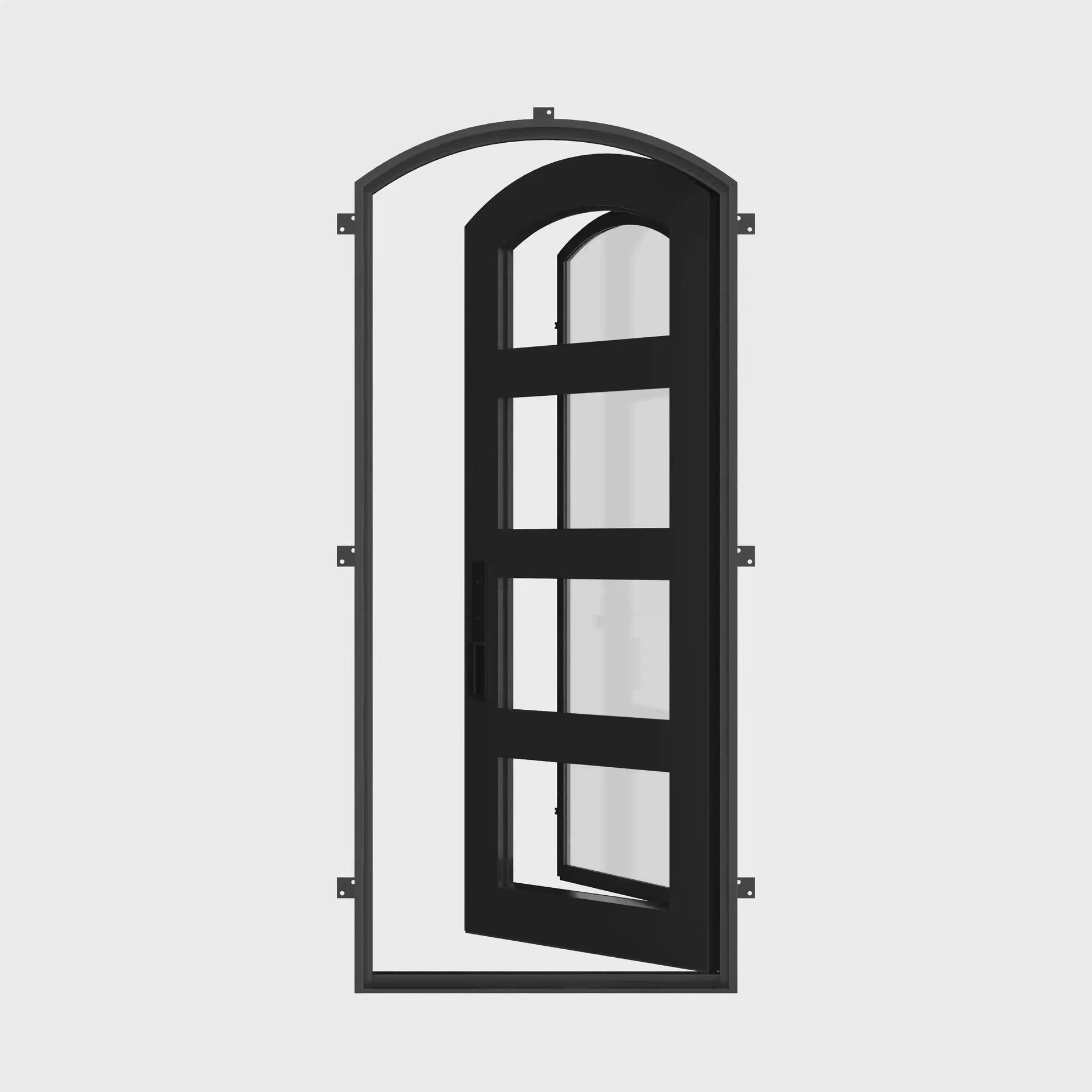 Knox pre-hung black wrought iron single arch top door with simple metalwork.