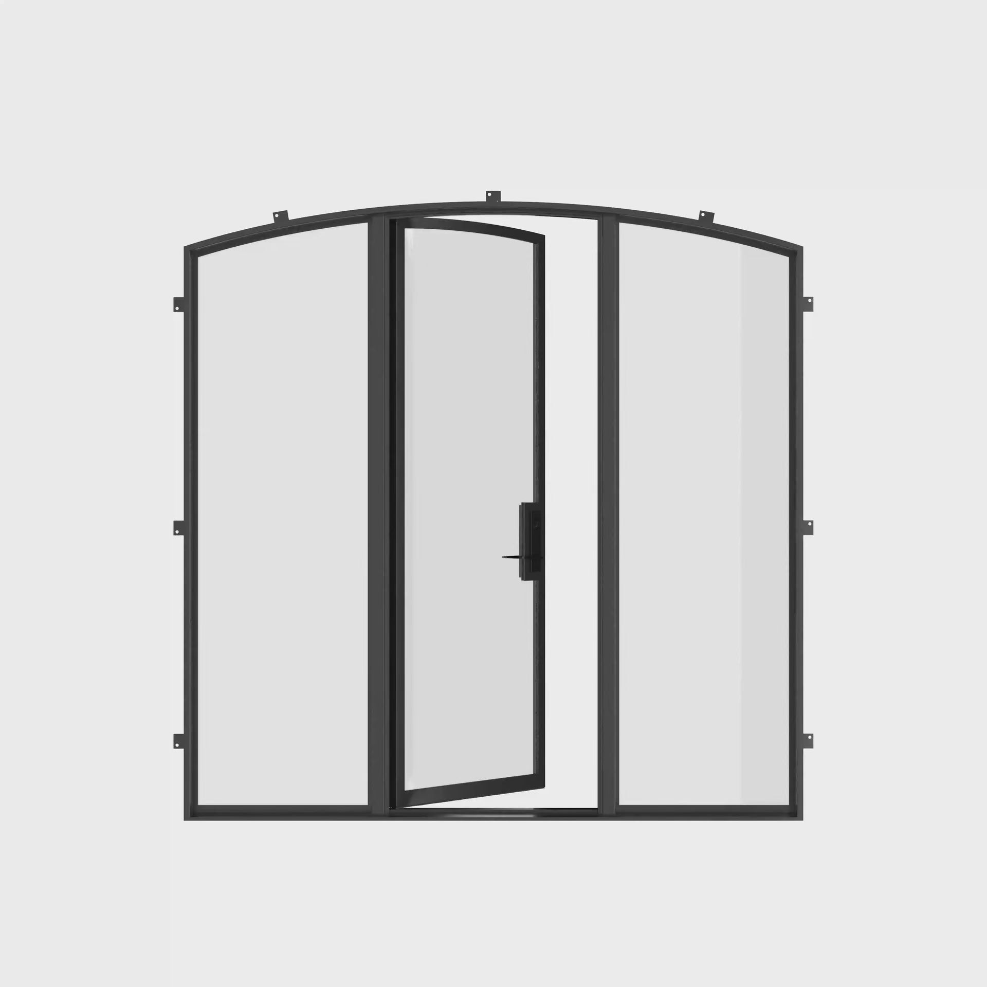 Modern arched steel entry door with side windows and performance glazing