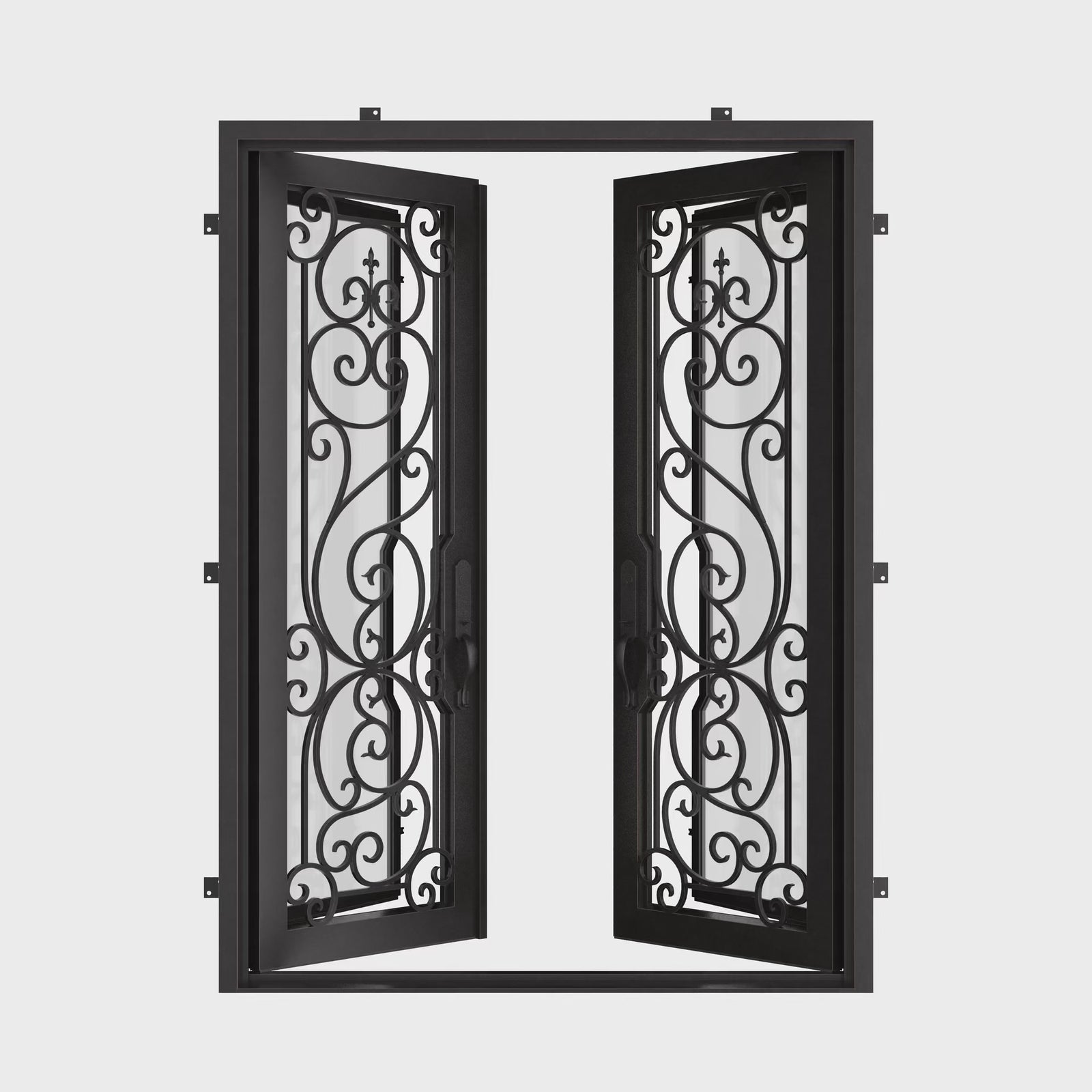 Hills black wrought iron double door with flat top and double tempered glass.
